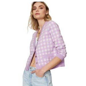Maje Mystyle Cardigan Size 4 XL Purple White Gingham Check Preppy Sweater